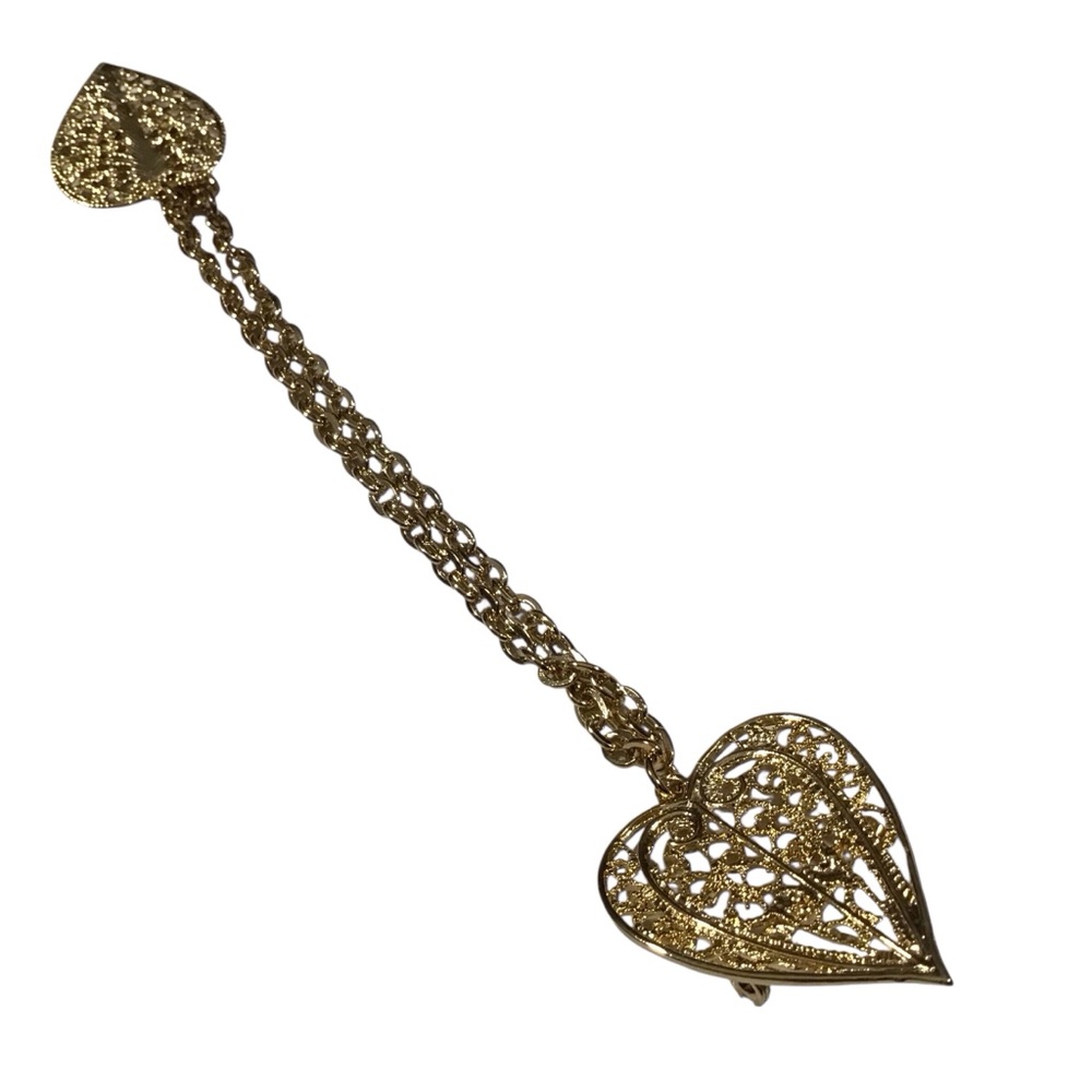 Double Heart Brooch Gold Tone Chain Filigree Blazers Lapel Costume Jewelry Vtg - Picture 3 of 11